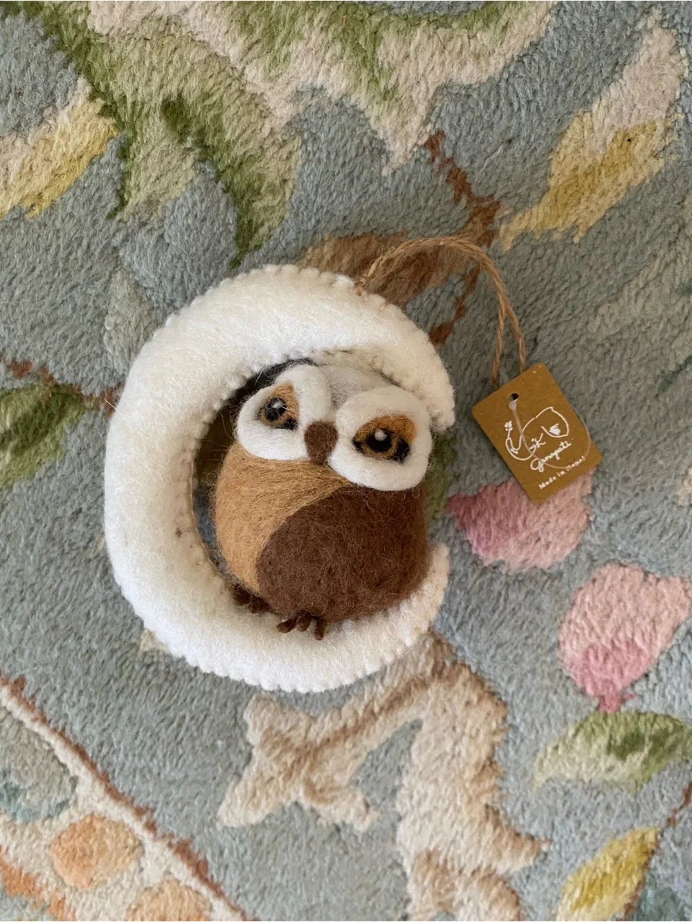 Handmade Felt Owl Ornament in Brown & White by Oaxacan Crafts